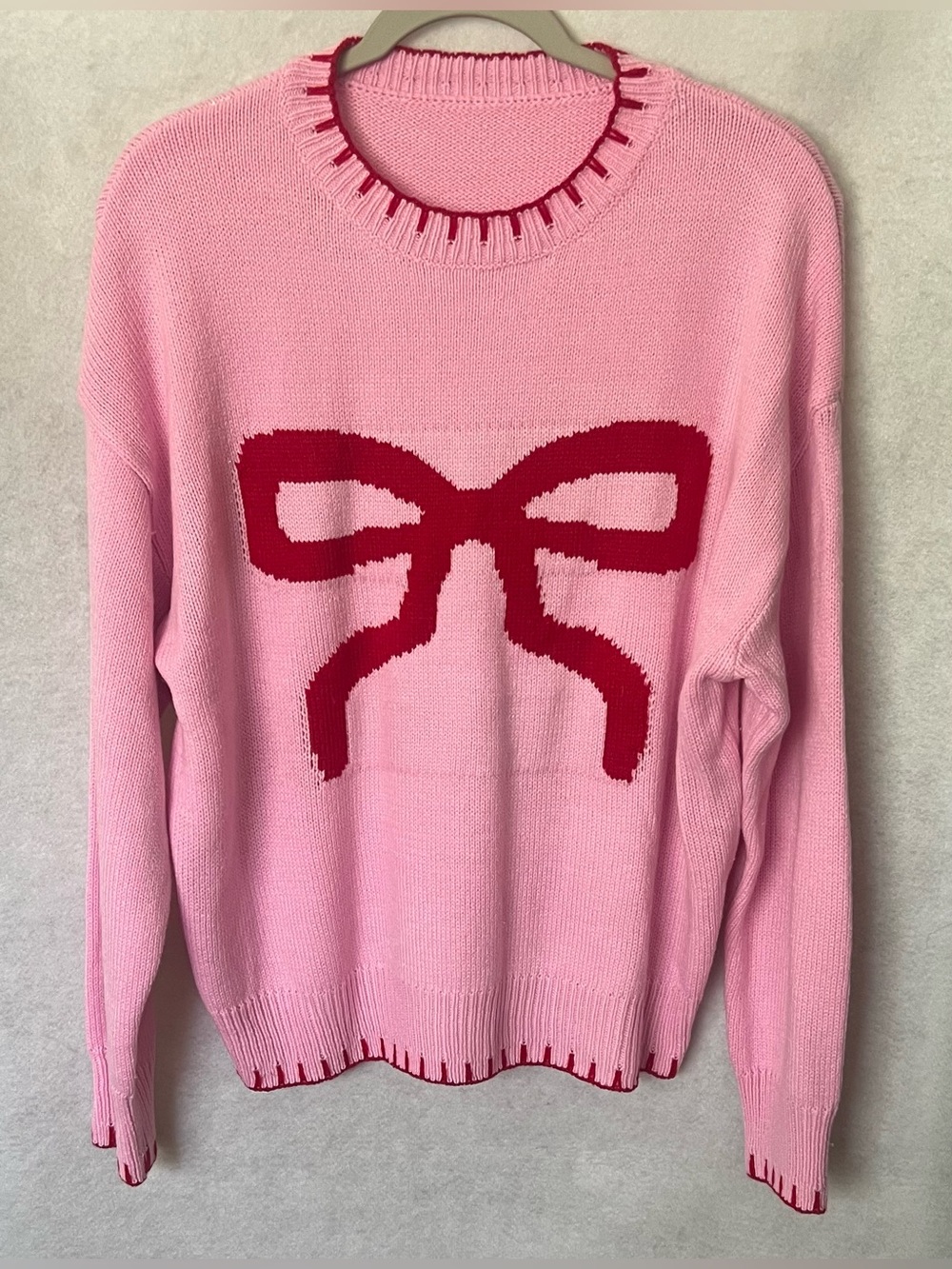 SHEIN Pink Crewneck Sweater with Red Bow